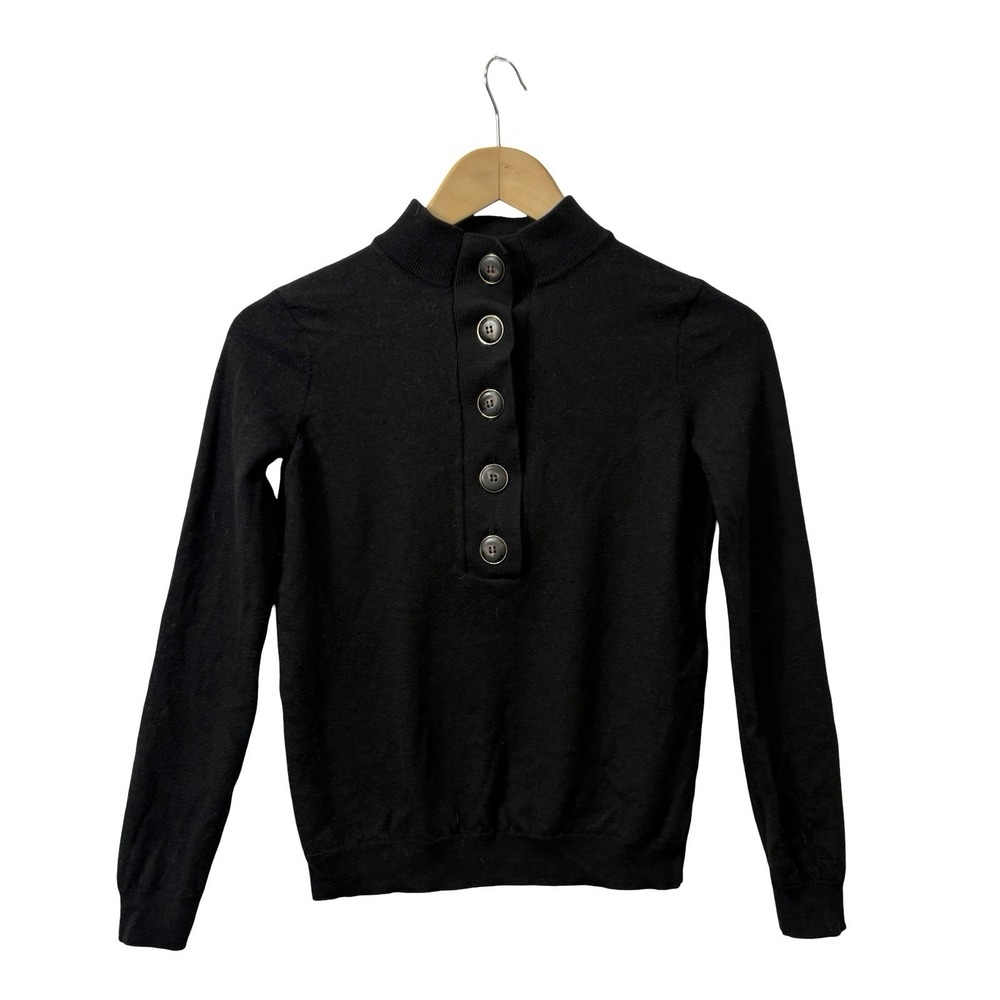 Sezane Black Mock Neck Large Buttons 100% Merino Wool Sweater Tight Fit Size XXS